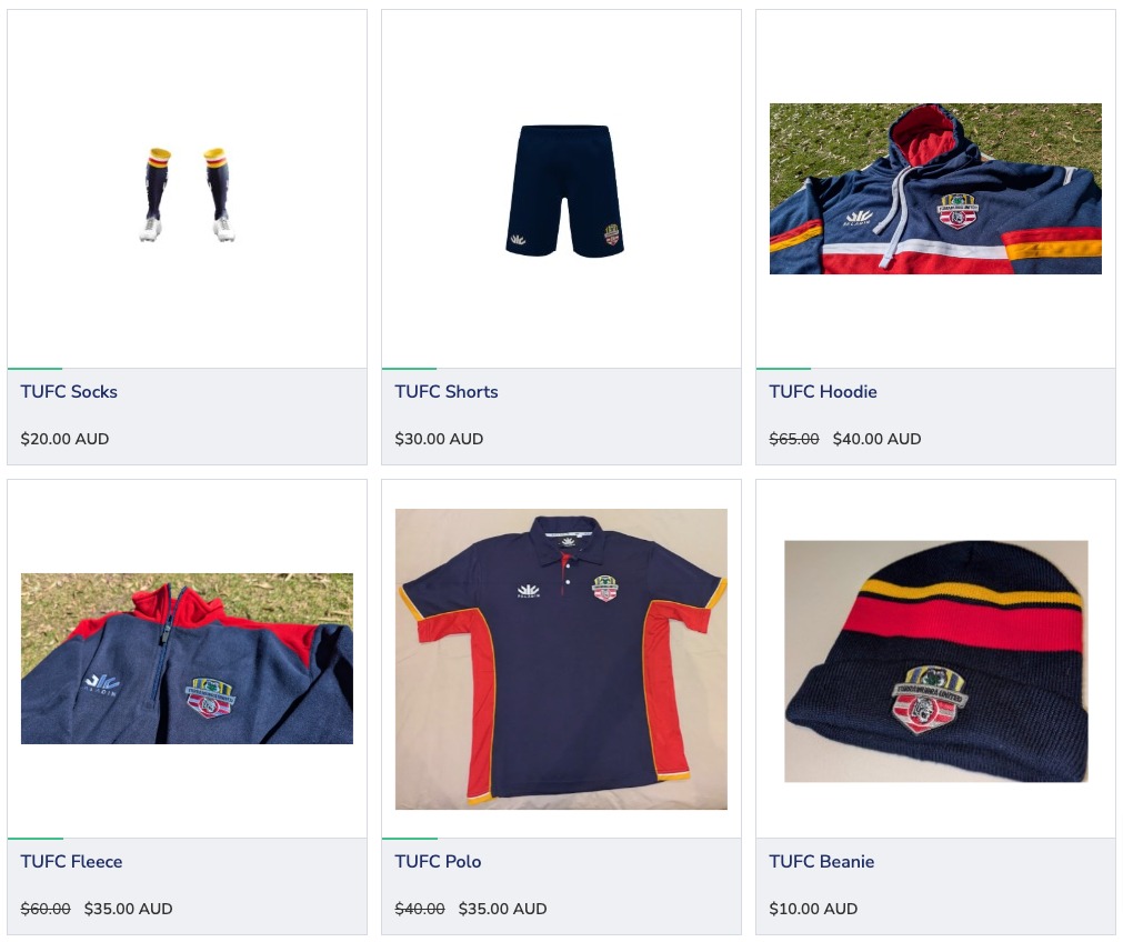 Image showing items for sale in the online store including socks, fleeces, hoodies, beanies, polos, and shorts.